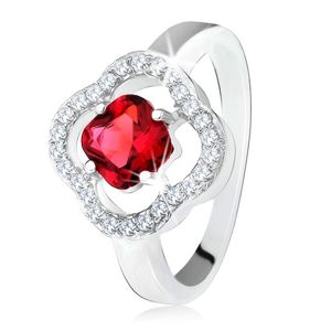 Stříbrný prsten 925, broušený červený kámen, čiré zirkony, květ - Velikost: 58