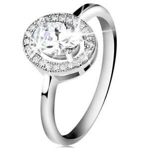 Stříbrný prsten 925, broušený oválný zirkon, čirý blýskavý lem - Velikost: 49