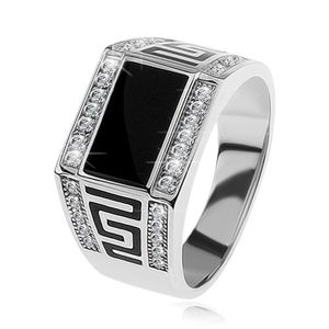 Stříbrný prsten 925, černý obdélník, čiré blyštivé kamínky, řecký klíč - Velikost: 68