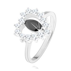 Stříbrný prsten 925, černý zirkon - zrnko, srdcovitý obrys, čiré zirkony - Velikost: 59