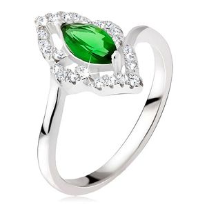 Stříbrný prsten 925 - elipsovitý kamínek zelené barvy, zirkonová kontura - Velikost: 50
