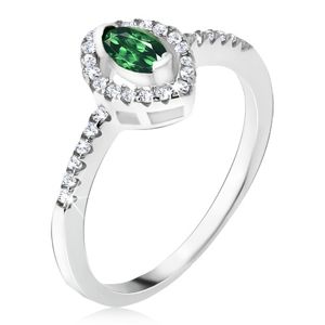 Stříbrný prsten 925 - elipsovitý zelený kamínek, zirkonová kontura - Velikost: 64