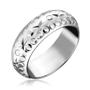 Stříbrný prsten 925 - gravírované hvězdy a kroužky - Velikost: 62