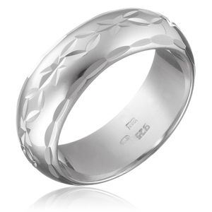 Stříbrný prsten 925 - gravírovaný pás květů s lístky, oblý povrch - Velikost: 56