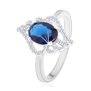 Stříbrný prsten 925, kontura čirého lístku s oválným tmavě modrým zirkonem - Velikost: 59