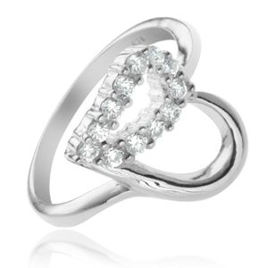Stříbrný prsten 925 - kontura srdce, čirá zirkonová polovina - Velikost: 62