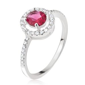 Stříbrný prsten 925 - kulatý růžovočervený zirkon, čirá obruba - Velikost: 56