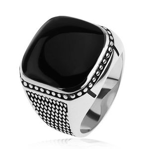 Stříbrný prsten 925, malé kosočtverce, kuličky, černý vypouklý čtverec - Velikost: 57