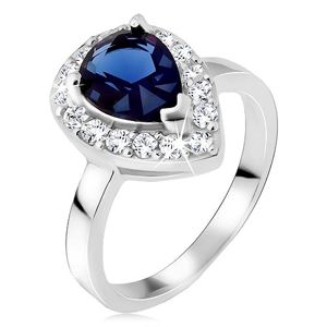 Stříbrný prsten 925, modrý slzičkovitý kámen se zirkonovým lemem - Velikost: 47