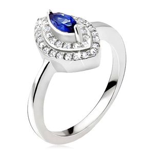 Stříbrný prsten 925, modrý zrnkový kamínek, zirkonová elipsa - Velikost: 67