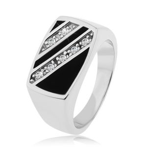 Stříbrný prsten 925, obdélník - šikmé linie čirých zirkonů, černá glazura - Velikost: 67
