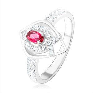 Stříbrný prsten 925, obrys špičaté slzy, růžový zirkon, linie ve tvaru "V" - Velikost: 55