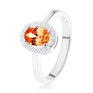 Stříbrný prsten 925, oranžový oválný zirkon, čirý blyštivý lem - Velikost: 53