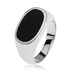 Stříbrný prsten 925, ovál s černou glazurou, lesklá a rozšířená ramena - Velikost: 64