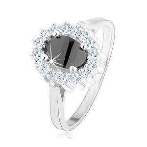 Stříbrný prsten 925, oválný černý zirkon, třpytivá obruba, rhodiovaný - Velikost: 48