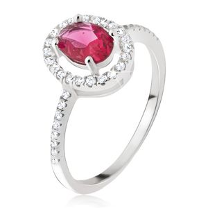 Stříbrný prsten 925 - oválný růžovočervený kamínek, zirkonová obruba - Velikost: 67