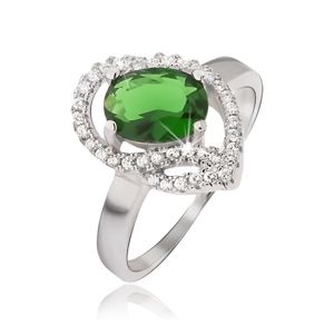 Stříbrný prsten 925, oválný zelený kamínek, zirkonové oblouky - Velikost: 55