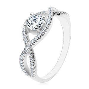 Stříbrný prsten 925, propletené zirkonové linie, kulatý broušený zirkon - Velikost: 53