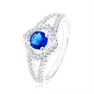 Stříbrný prsten 925, rozdvojená ramena, obrys čtverce, modrý zirkon - Velikost: 55