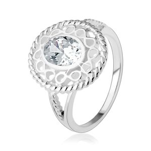 Stříbrný prsten 925, širší kontura ze symbolů "infinity", oválný čirý zirkon - Velikost: 50