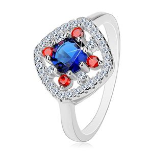Stříbrný prsten 925, tmavě modrý střed, čiré a červené zirkonky - Velikost: 57
