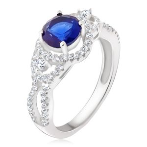 Stříbrný prsten 925, tmavomodrý kámen, oblé zirkonové linie - Velikost: 55