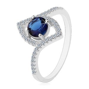 Stříbrný prsten 925, tmavomodrý kulatý zirkon, obrys špičatého zrnka - Velikost: 59