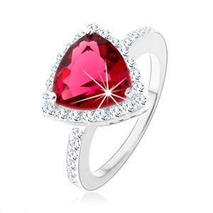 Stříbrný prsten 925, trojúhelník, růžový zirkon, blyštivý lem, výřezy - Velikost: 59