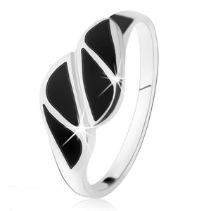 Stříbrný prsten 925, trojúhelníky z černého onyxu, vysoký lesk - Velikost: 54