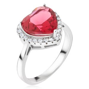 Stříbrný prsten 925 - velký červený srdcovitý kámen, zirkonový lem - Velikost: 49