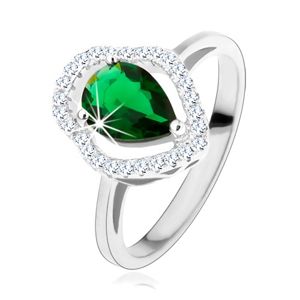 Stříbrný prsten 925, zelená zirkonová kapka, čirý blyštivý obrys - Velikost: 51