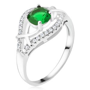 Stříbrný prsten 925 - zelený okrouhlý kamínek, zirkonová ramena - Velikost: 56