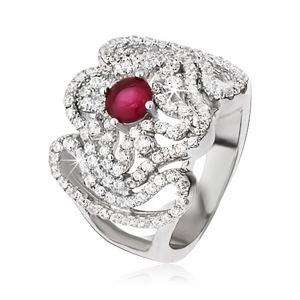 Stříbrný prsten 925, zirkonový kříž, zvlněné linie a růžovočervený kamínek - Velikost: 62