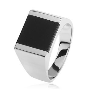 Stříbrný prsten 925, zrcadlově lesklá ramena, čtverec s černou glazurou - Velikost: 65
