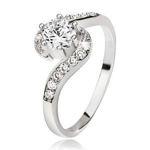 Stříbrný prsten 925, zvlněná zirkonová ramena, kulatý čirý kamínek - Velikost: 50