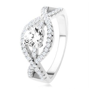Stříbrný prsten 925, zvlněné zirkonové linie, kulatý čirý kámen - Velikost: 60