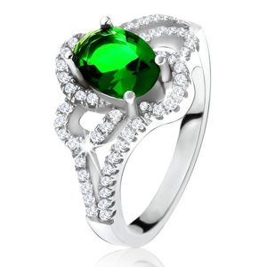 Stříbrný prsten, šikmý oválný zelený zirkon, zaoblené linie, čiré kamínky - Velikost: 60
