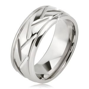 Stříbrný prsten z oceli, šikmé linie a vodorovné zářezy - Velikost: 62