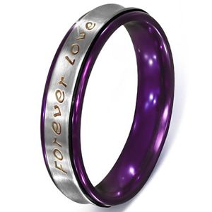 Stříbrný prsten z oceli - text Forever Love, fialové okraje - Velikost: 62