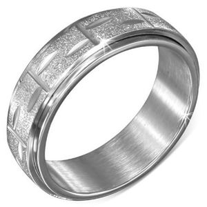 Stříbrný prsten z oceli - točící se pískovaná obruč s rýhami - Velikost: 55