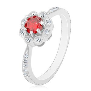 Stříbrný rhodiovaný prsten 925, blýskavý kvítek s červenooranžovým zirkonem - Velikost: 57