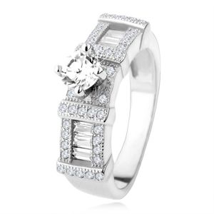 Stříbrný zásnubní prsten 925, zirkonové obdélníky, kulatý kamínek - Velikost: 66