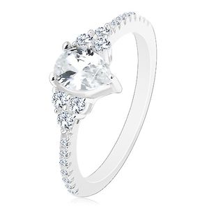 Stříbro 925 - zásnubní prsten, vroubkované okraje se zirkonky, blýskavá čirá slza - Velikost: 52