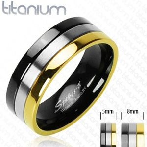Titanové snubní prstýnky s onyxovým, stříbrným a zlatým pruhem - Velikost: 51