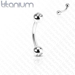 Titanový piercing stříbrné barvy, zahnutá činka a kuličky s čirými zirkony - Rozměr: 1,2 mm x 10 mm x 3 mm