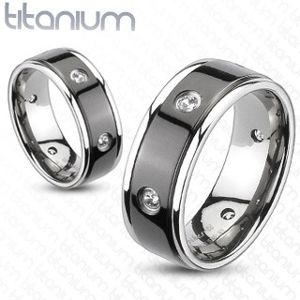 Titanový prsten - černý pás, vsazené zirkony - Velikost: 65