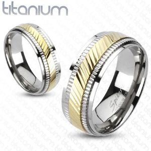 Titanový prsten - dvoubarevný, vroubkovaný - Velikost: 59