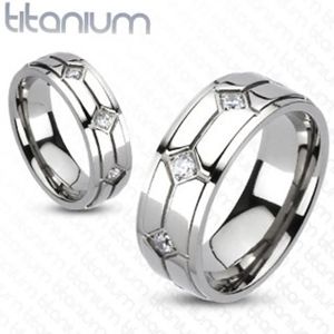 Titanový prsten - kosočtverce, vsazené zirkony - Velikost: 56
