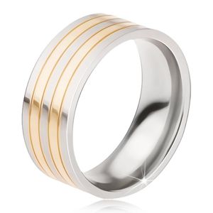 Titanový prsten - lesklá obroučka stříbrno-zlaté barvy, střídající se pásy - Velikost: 67
