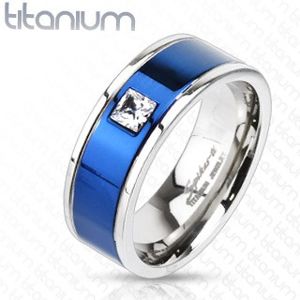 Titanový prsten s modrým pruhem a čtvercovým zirkonem - Velikost: 65